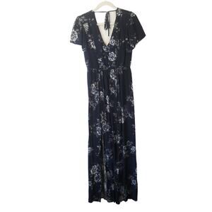 Three Pink Hearts Size M Floral Maxi Dress Blue Cottage Country Prairie Festival